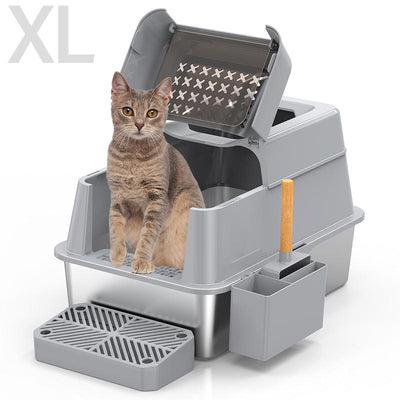 XL Stainless Steel Litter Box , XL Extra Large Enclosed Cat Litter Box for Big Cats,  Top Entry