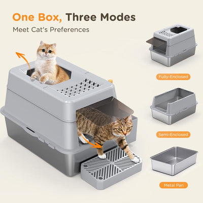 XL Stainless Steel Litter Box , XL Extra Large Enclosed Cat Litter Box for Big Cats,  Top Entry