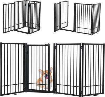 Foldable Free Standing Dog Gate with Door , Extra Wide Indoor Dog Fence, 31.5'' Height 