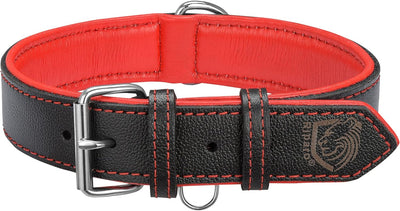 Small-Extra Large Riparo Adjustable Leather Dog Collar - Heavy Duty Wide Dog Collar for Small, Medium, Large and Extra Large Dogs with Dog Tag Holder (XXL: 2” Wide for 24”-29” Neck, Black/Red Thread)