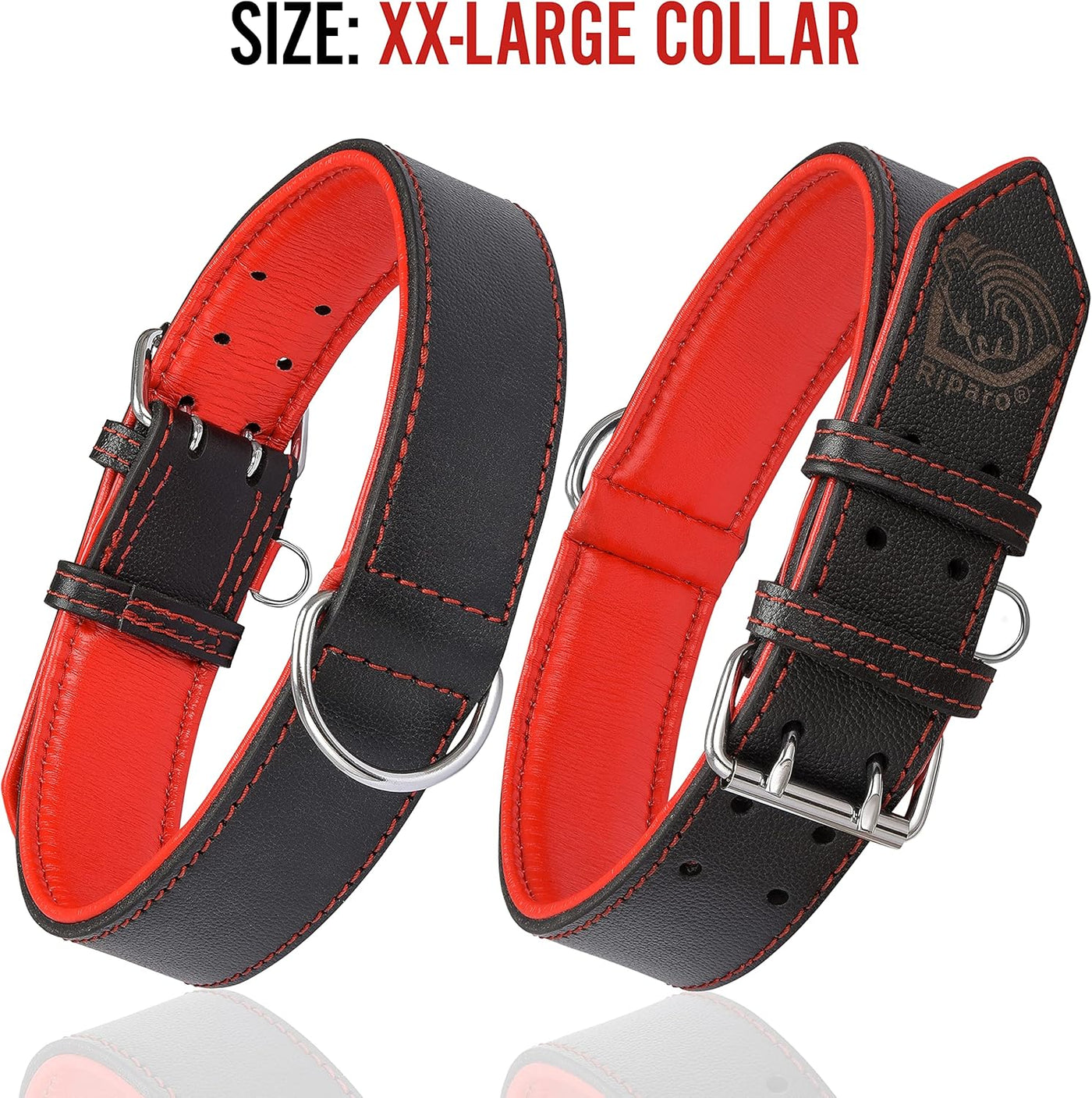 Small-Extra Large Riparo Adjustable Leather Dog Collar - Heavy Duty Wide Dog Collar for Small, Medium, Large and Extra Large Dogs with Dog Tag Holder (XXL: 2” Wide for 24”-29” Neck, Black/Red Thread)