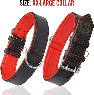 Small-Extra Large Riparo Adjustable Leather Dog Collar - Heavy Duty Wide Dog Collar for Small, Medium, Large and Extra Large Dogs with Dog Tag Holder (XXL: 2” Wide for 24”-29” Neck, Black/Red Thread)