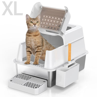 XL Stainless Steel Litter Box , XL Extra Large Enclosed Cat Litter Box for Big Cats,  Top Entry