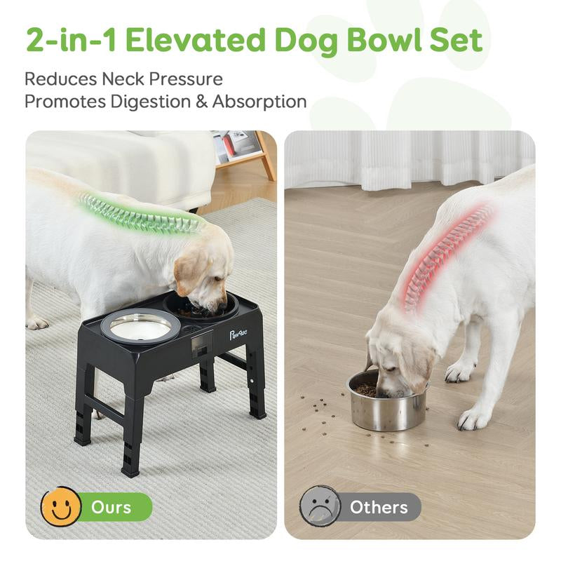 Pawque 2-In-1 Elevated Dog Bowls Slow Feeder with 304 Stainless Steel Dog Water Bowl, 67Oz Non-Slip Adjustable Raised Dog Food Bowl Stand for Dogs
