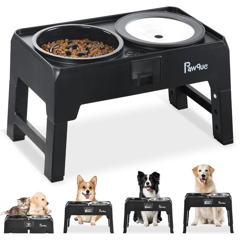 Pawque 2-In-1 Elevated Dog Bowls Slow Feeder with 304 Stainless Steel Dog Water Bowl, 67Oz Non-Slip Adjustable Raised Dog Food Bowl Stand for Dogs