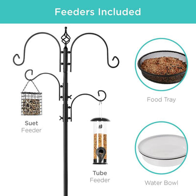Best Choice Products 91In 4-Hook Bird Feeding Station, Steel Multi-Feeder Stand W/ 2 Feeders, Tray, Bird Bath
