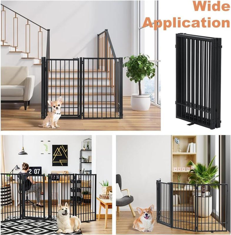 Foldable Free Standing Dog Gate with Door , Extra Wide Indoor Dog Fence, 31.5'' Height 