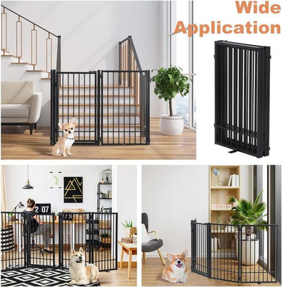 Foldable Free Standing Dog Gate with Door , Extra Wide Indoor Dog Fence, 31.5'' Height 