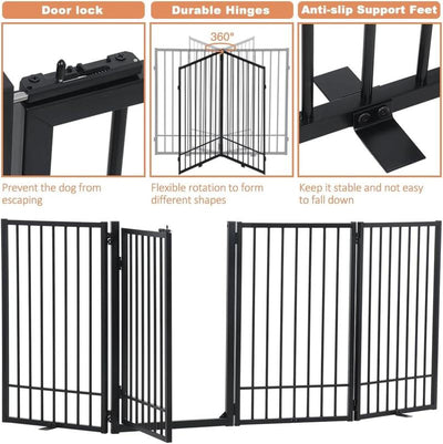 Foldable Free Standing Dog Gate with Door , Extra Wide Indoor Dog Fence, 31.5'' Height 