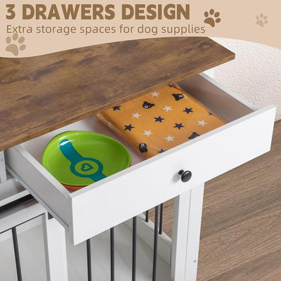 Dog Crate Furniture Large Breed Wooden Dog Kennel with Room Divider & 3 Drawer,Double Doors 