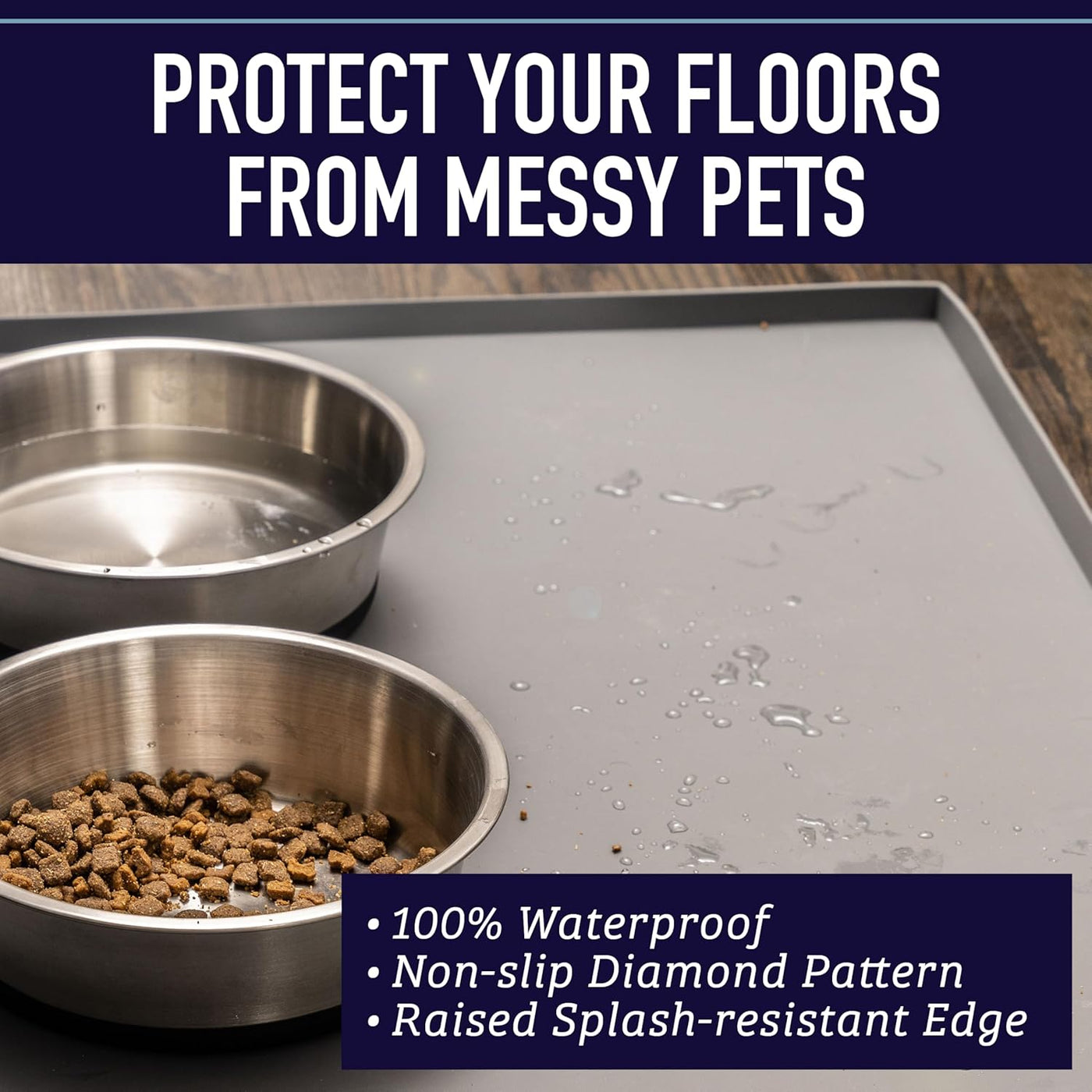 Silicone Dog Food Mat with Tall Raised Edges – Waterproof Cat & Dog Feeding Pad for Food & Water Bowl – Grey, 25 X 17 XL - Silicone Mat - Pet Placemat