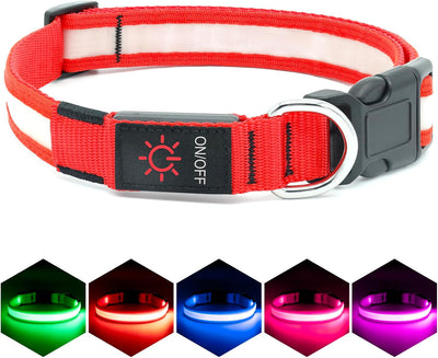 LED Light up Dog Collar Adjustable USB Rechargeable Super Bright Safety Light Glowing Collars for Dogs(Medium,Red)