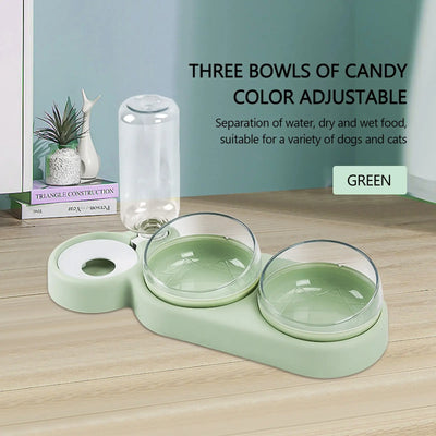 Pet Bowl Double Bowls Food Water Feeder with Auto Water Dispenser