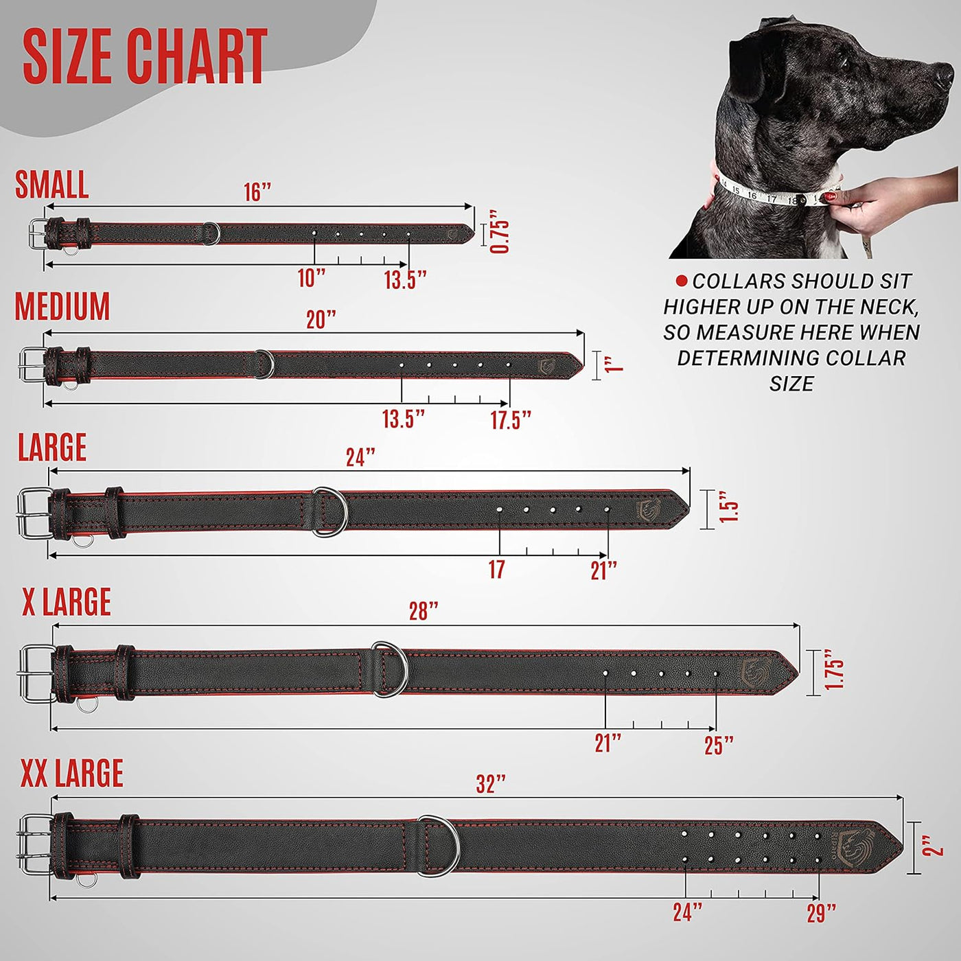 Small-Extra Large Riparo Adjustable Leather Dog Collar - Heavy Duty Wide Dog Collar for Small, Medium, Large and Extra Large Dogs with Dog Tag Holder (XXL: 2” Wide for 24”-29” Neck, Black/Red Thread)