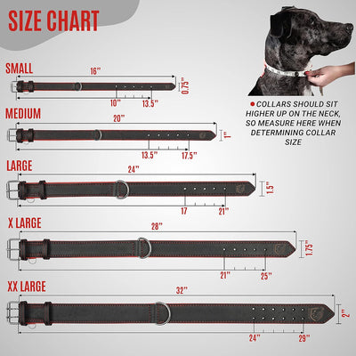 Small-Extra Large Riparo Adjustable Leather Dog Collar - Heavy Duty Wide Dog Collar for Small, Medium, Large and Extra Large Dogs with Dog Tag Holder (XXL: 2” Wide for 24”-29” Neck, Black/Red Thread)