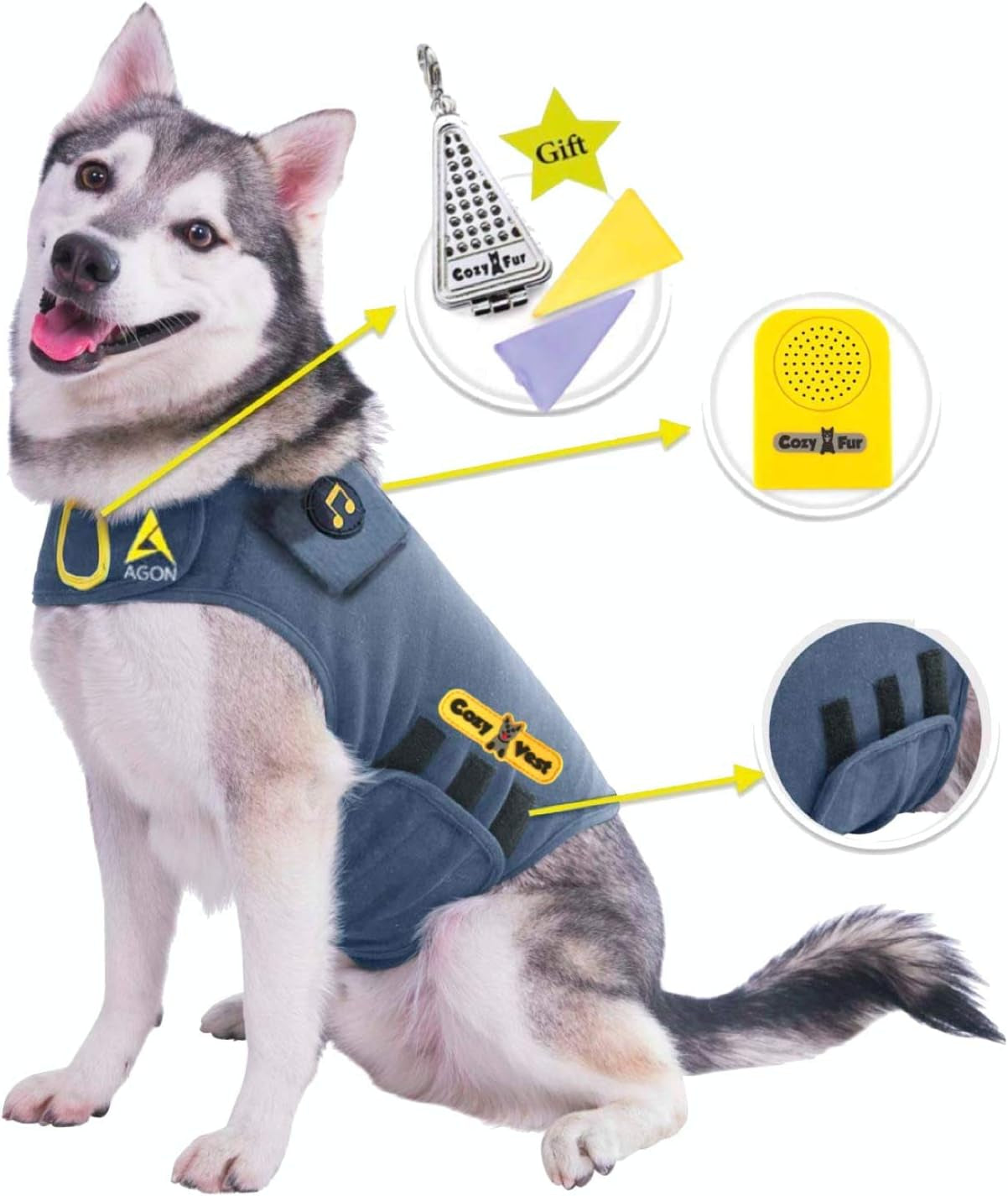 Cozyvest® Dog Anxiety Vest 3-In-1 Music & Aromatherapy Shirt, Relaxing Sound & Essential Oil Scent Jacket, Fireworks Thunder Separation & Thunderstorm Canine Stress Relief Coat (Gray, XL [65-110 Lbs])