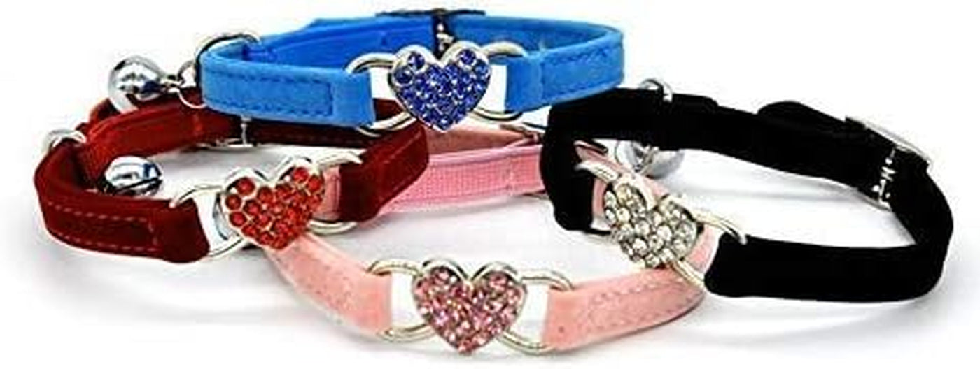 4 Soft Velvet Cat Adjustable Collars with Crystal Heart Charm and Bells 8-11 Inches(Black+Red+Pink+Blue)