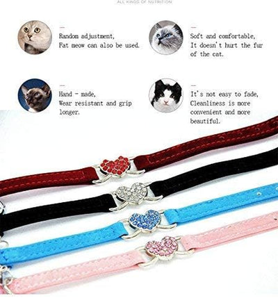 4 Soft Velvet Cat Adjustable Collars with Crystal Heart Charm and Bells 8-11 Inches(Black+Red+Pink+Blue)