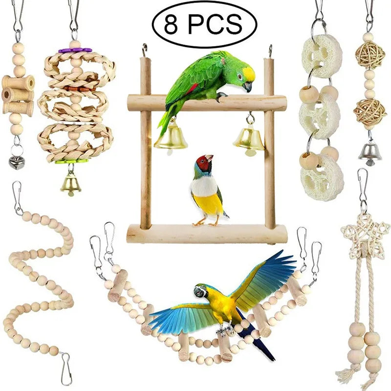 8PCS Set Combination Parrot/Birds Wood Toys and Enrichment