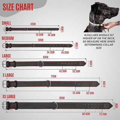 Small-Extra Large Riparo Adjustable Leather Dog Collar - Heavy Duty Wide Dog Collar for Small, Medium, Large and Extra Large Dogs with Dog Tag Holder (XXL: 2” Wide for 24”-29” Neck, Black/Red Thread)