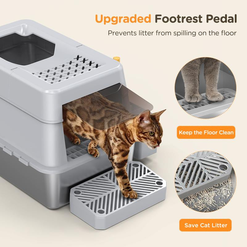 XL Stainless Steel Litter Box , XL Extra Large Enclosed Cat Litter Box for Big Cats,  Top Entry