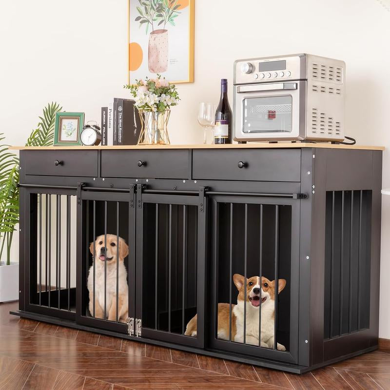Dog Crate Furniture Large Breed Wooden Dog Kennel with Room Divider & 3 Drawer,Double Doors 