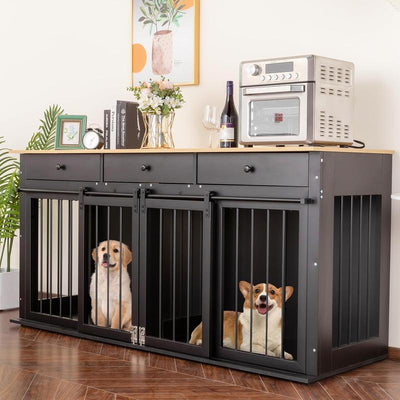 Dog Crate Furniture Large Breed Wooden Dog Kennel with Room Divider & 3 Drawer,Double Doors 