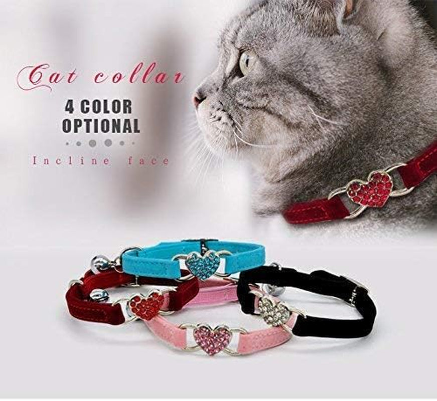 4 Soft Velvet Cat Adjustable Collars with Crystal Heart Charm and Bells 8-11 Inches(Black+Red+Pink+Blue)