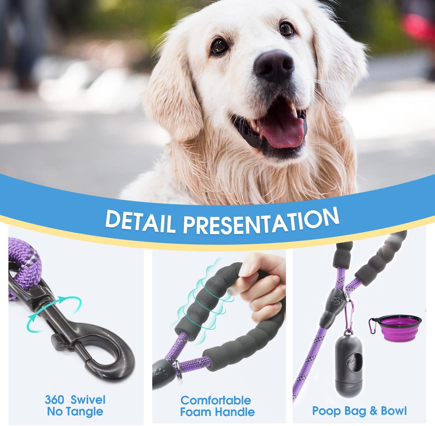 2 Packs 5FT Dog Leash with Comfortable Padded Handle and Highly Reflective 