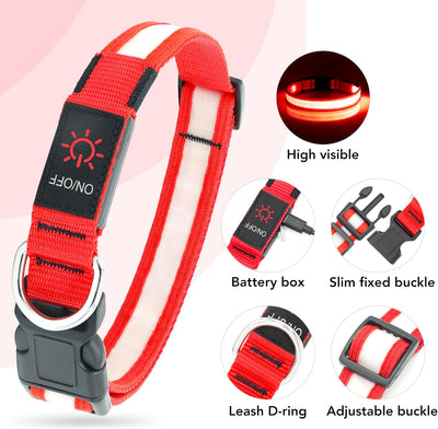 LED Light up Dog Collar Adjustable USB Rechargeable Super Bright Safety Light Glowing Collars for Dogs(Medium,Red)