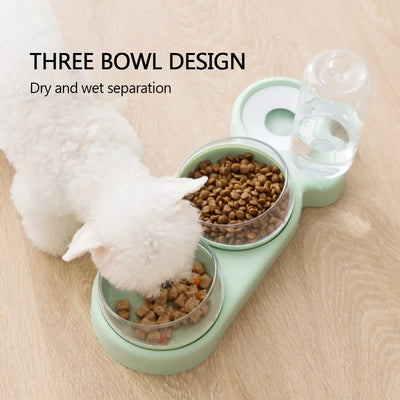 Pet Bowl Double Bowls Food Water Feeder with Auto Water Dispenser