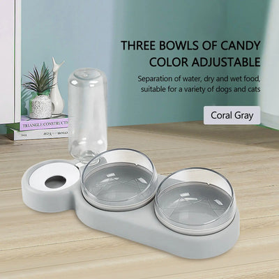 Pet Bowl Double Bowls Food Water Feeder with Auto Water Dispenser