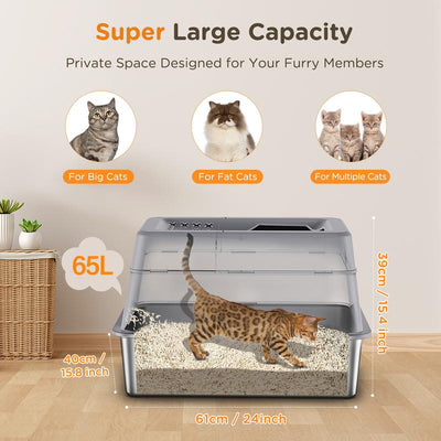 XL Stainless Steel Litter Box , XL Extra Large Enclosed Cat Litter Box for Big Cats,  Top Entry