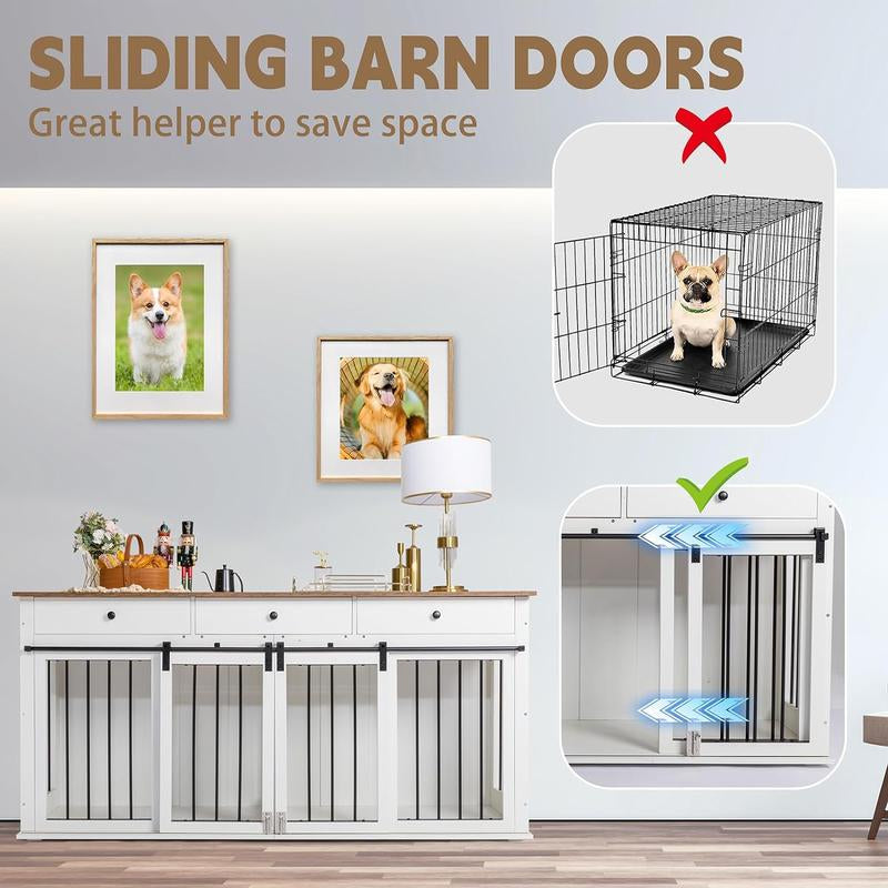 Dog Crate Furniture Large Breed Wooden Dog Kennel with Room Divider & 3 Drawer,Double Doors 