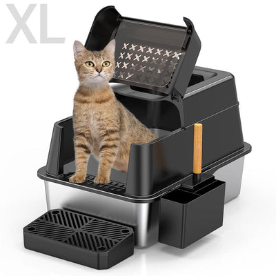 XL Stainless Steel Litter Box , XL Extra Large Enclosed Cat Litter Box for Big Cats,  Top Entry