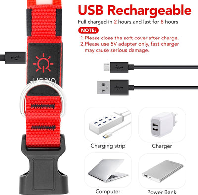 LED Light up Dog Collar Adjustable USB Rechargeable Super Bright Safety Light Glowing Collars for Dogs(Medium,Red)