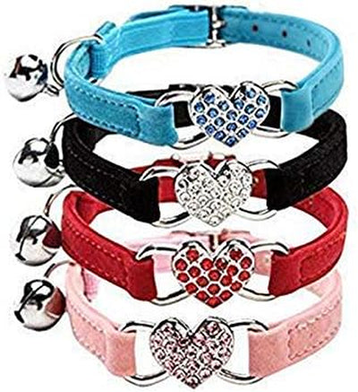 4 Soft Velvet Cat Adjustable Collars with Crystal Heart Charm and Bells 8-11 Inches(Black+Red+Pink+Blue)