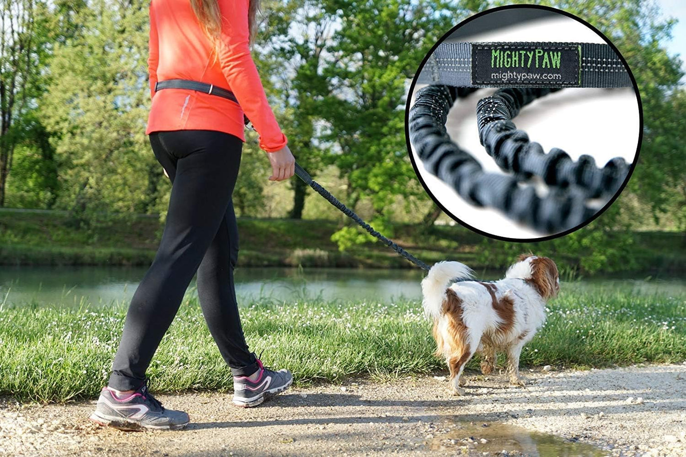 Mighty Paw Hands Free Dog Leash | Bungee Waist Leash for Dog Walking. Pet Running Hands Free Tether for Large, Medium & Small Breeds. Pet Waist Belt (36" - 48") up to 150 Lbs - Gray