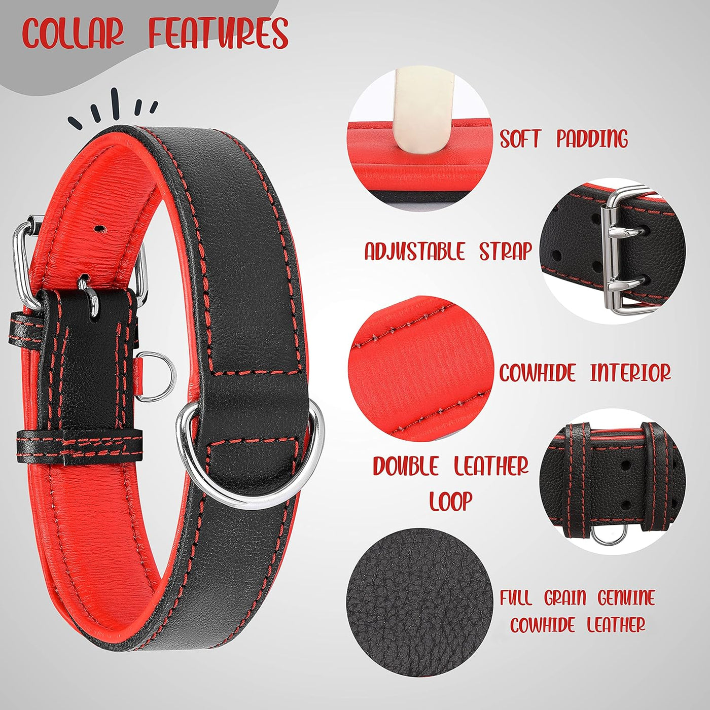 Small-Extra Large Riparo Adjustable Leather Dog Collar - Heavy Duty Wide Dog Collar for Small, Medium, Large and Extra Large Dogs with Dog Tag Holder (XXL: 2” Wide for 24”-29” Neck, Black/Red Thread)