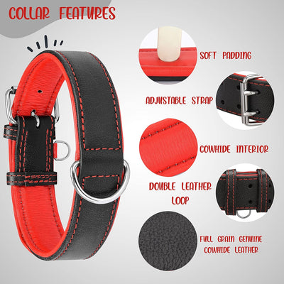 Small-Extra Large Riparo Adjustable Leather Dog Collar - Heavy Duty Wide Dog Collar for Small, Medium, Large and Extra Large Dogs with Dog Tag Holder (XXL: 2” Wide for 24”-29” Neck, Black/Red Thread)
