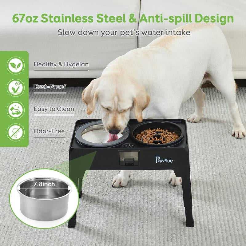 Pawque 2-In-1 Elevated Dog Bowls Slow Feeder with 304 Stainless Steel Dog Water Bowl, 67Oz Non-Slip Adjustable Raised Dog Food Bowl Stand for Dogs