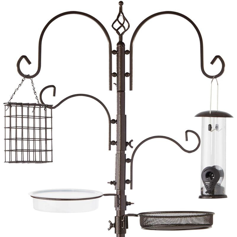 Best Choice Products 91In 4-Hook Bird Feeding Station, Steel Multi-Feeder Stand W/ 2 Feeders, Tray, Bird Bath