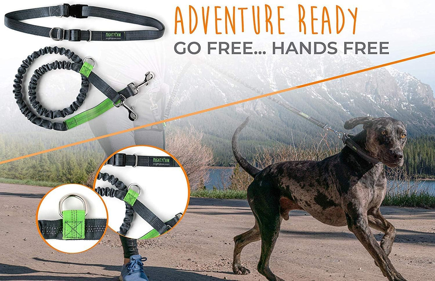 Mighty Paw Hands Free Dog Leash | Bungee Waist Leash for Dog Walking. Pet Running Hands Free Tether for Large, Medium & Small Breeds. Pet Waist Belt (36" - 48") up to 150 Lbs - Gray