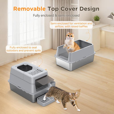 XL Stainless Steel Litter Box , XL Extra Large Enclosed Cat Litter Box for Big Cats,  Top Entry