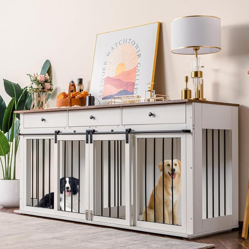 Dog Crate Furniture Large Breed Wooden Dog Kennel with Room Divider & 3 Drawer,Double Doors 