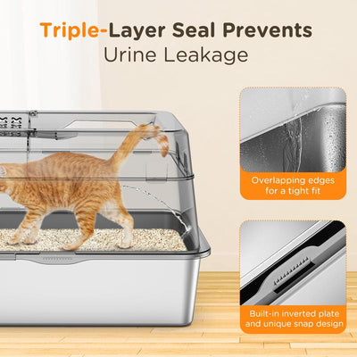 XL Stainless Steel Litter Box , XL Extra Large Enclosed Cat Litter Box for Big Cats,  Top Entry