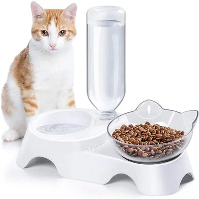 Pet Bowl Double Bowls Food Water Feeder with Auto Water Dispenser