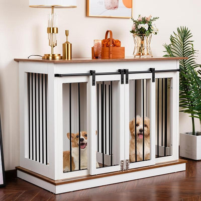 Dog Crate Furniture Large Breed Wooden Dog Kennel with Room Divider & 3 Drawer,Double Doors 