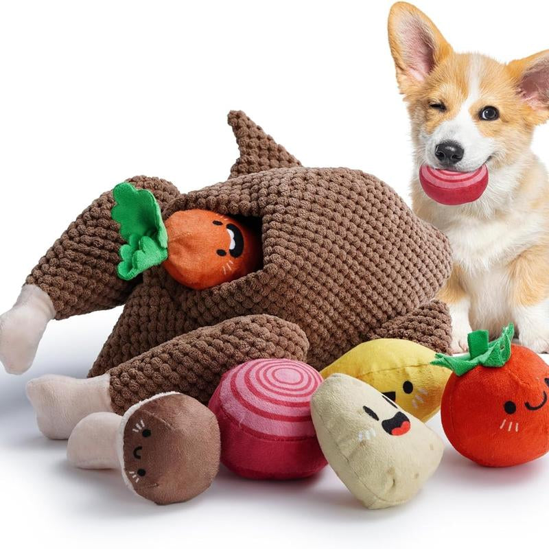 Nocciola 7-In-1 Thanksgiving Turkey Dog Toy,Big Turkey Puzzle Toy with 6 Squeaky Veggie Plush Toy, Interactive Enrichment Dog Toys for All Breeds