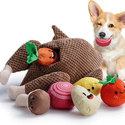 Nocciola 7-In-1 Thanksgiving Turkey Dog Toy,Big Turkey Puzzle Toy with 6 Squeaky Veggie Plush Toy, Interactive Enrichment Dog Toys for All Breeds